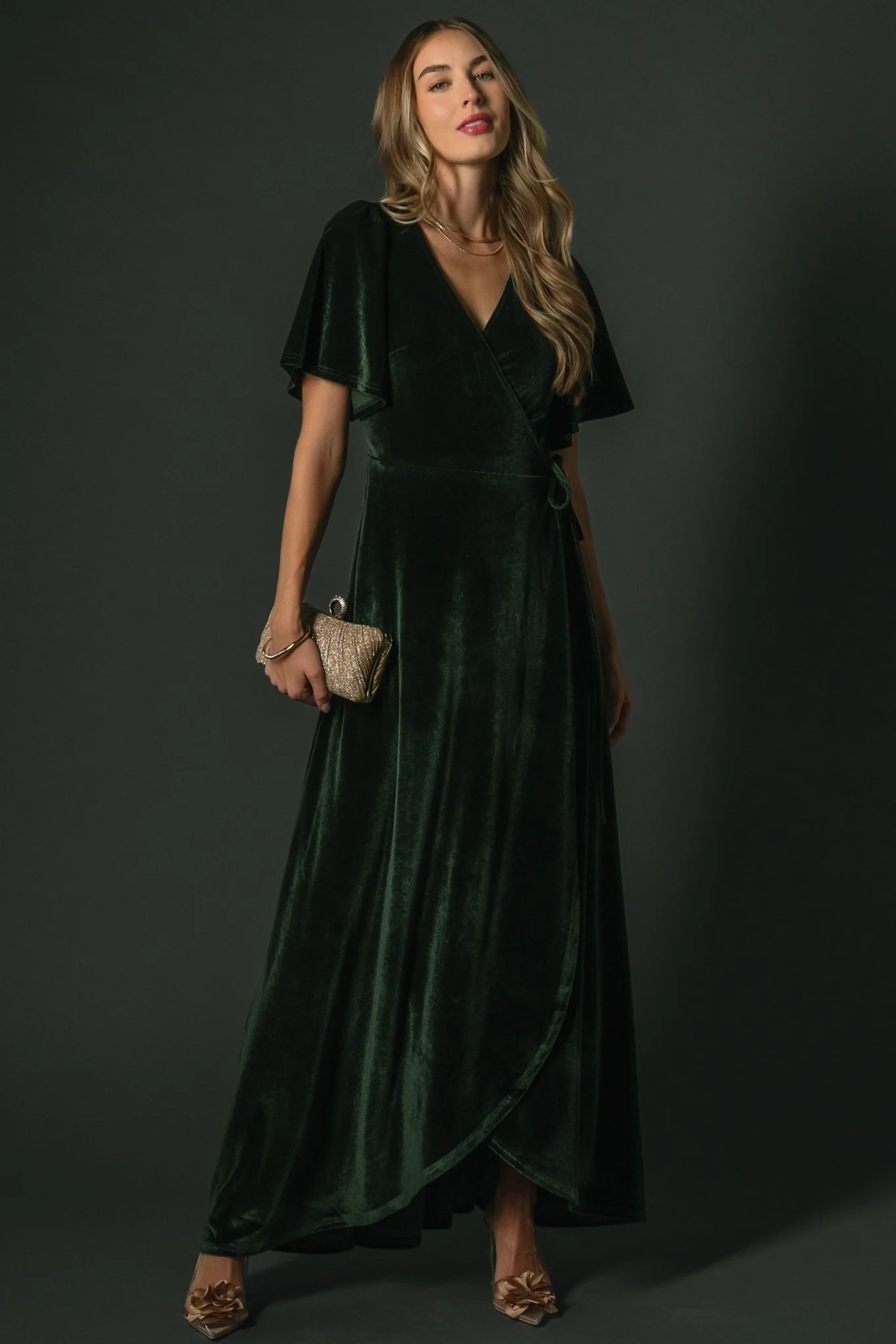 Katelyn Velvet Maxi Wrap Dress in Deep Green