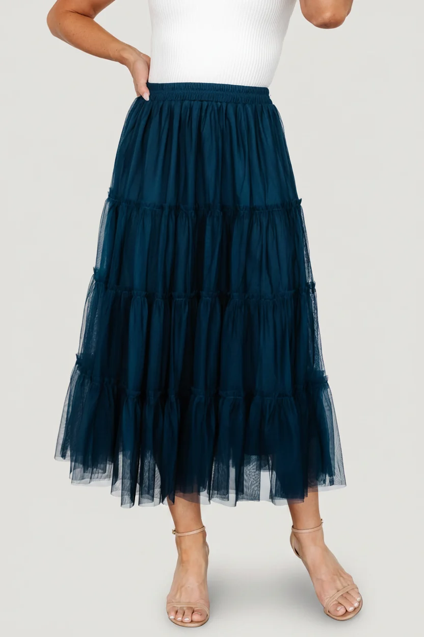 Galena Tulle Skirt — Deep Topaz Tiered Midi