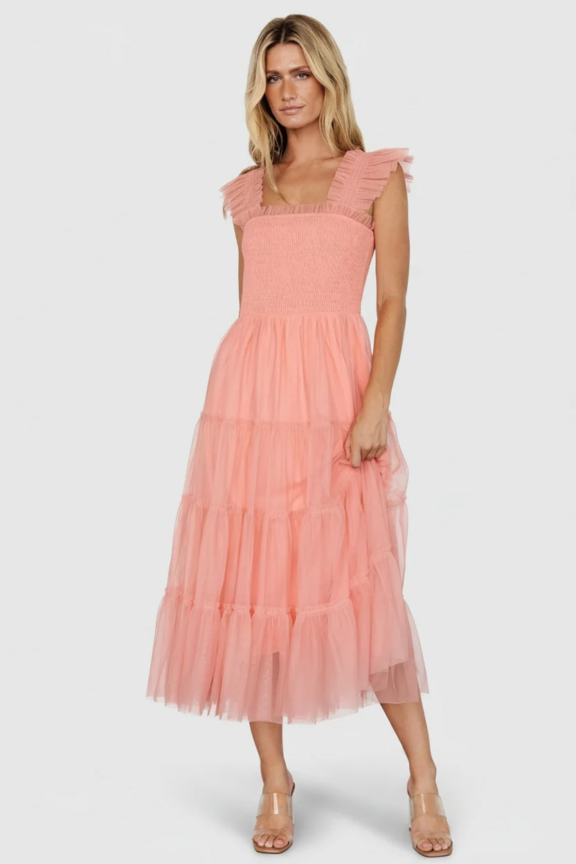 Emma Smocked Tulle Dress - Coral Midi