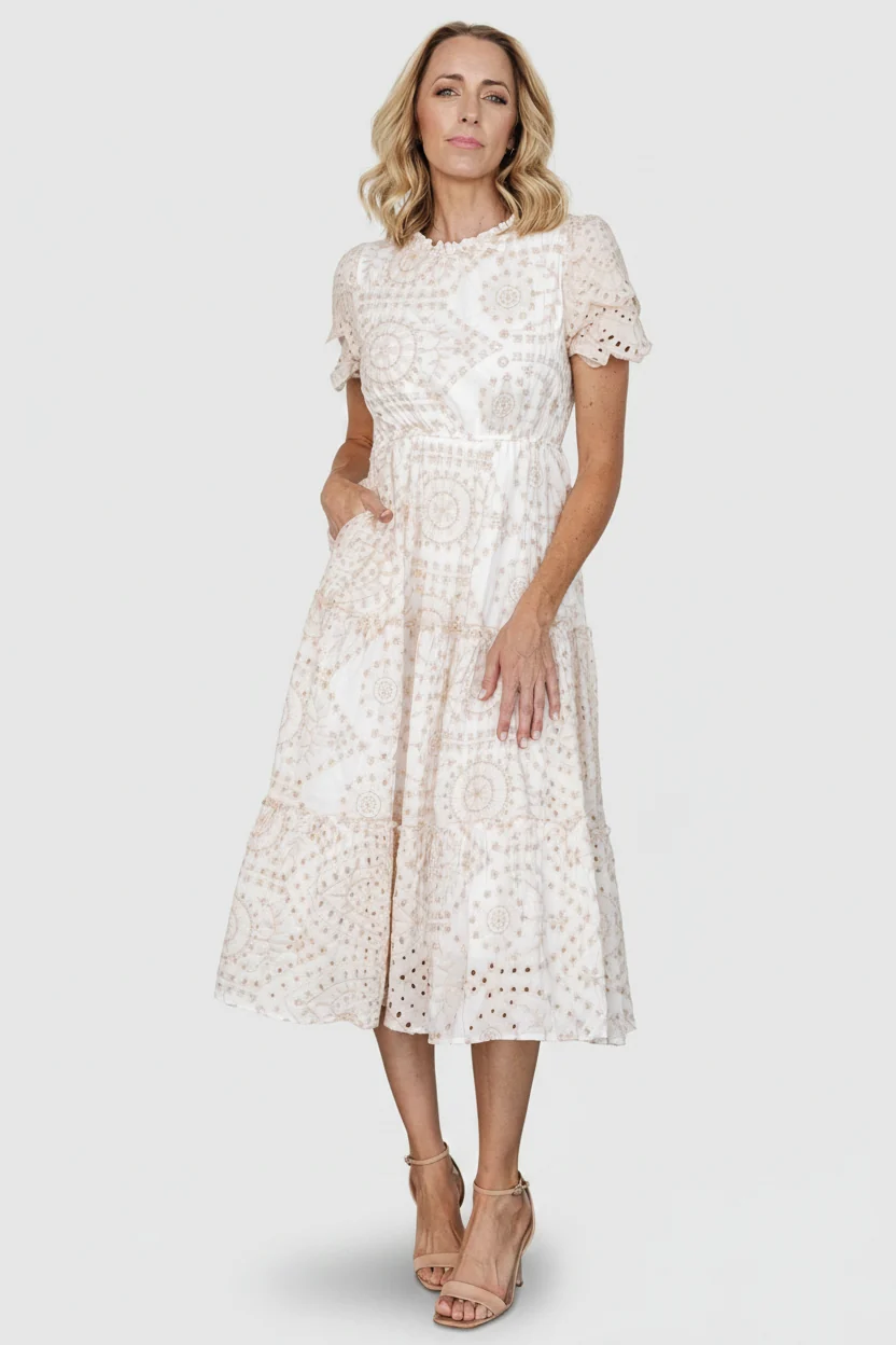 Mirabel Eyelet Midi Dress — White & Natural
