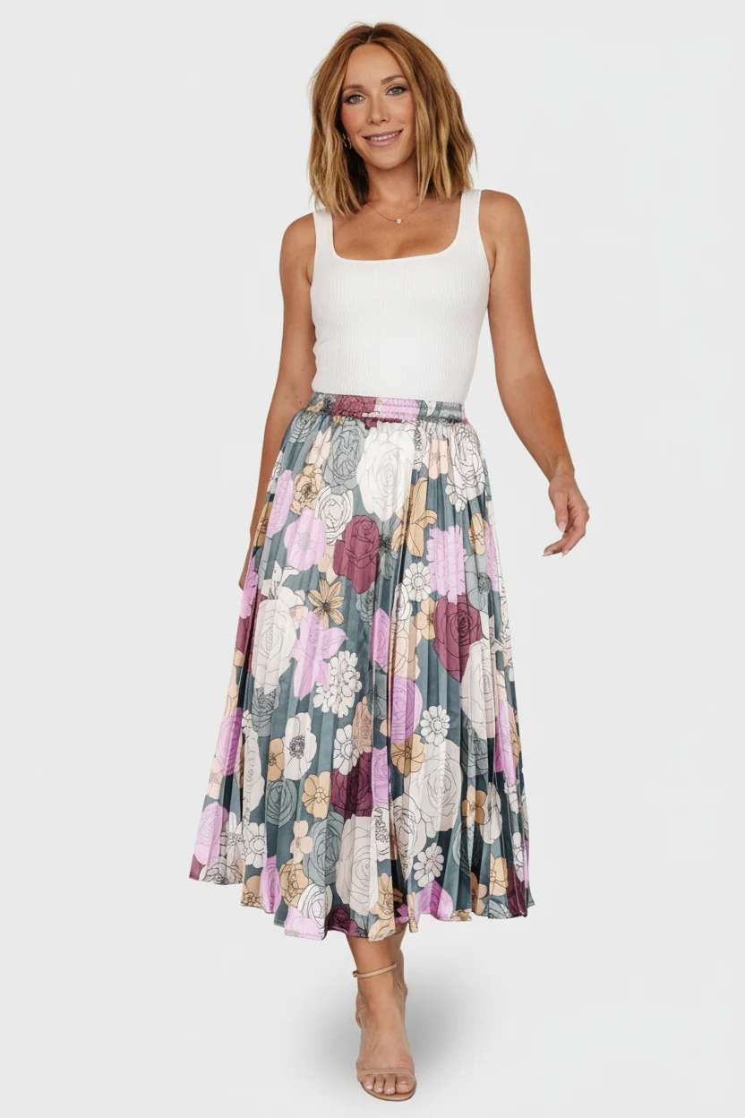 Cori Pleated Skirt - Vintage Teal Satin Midi