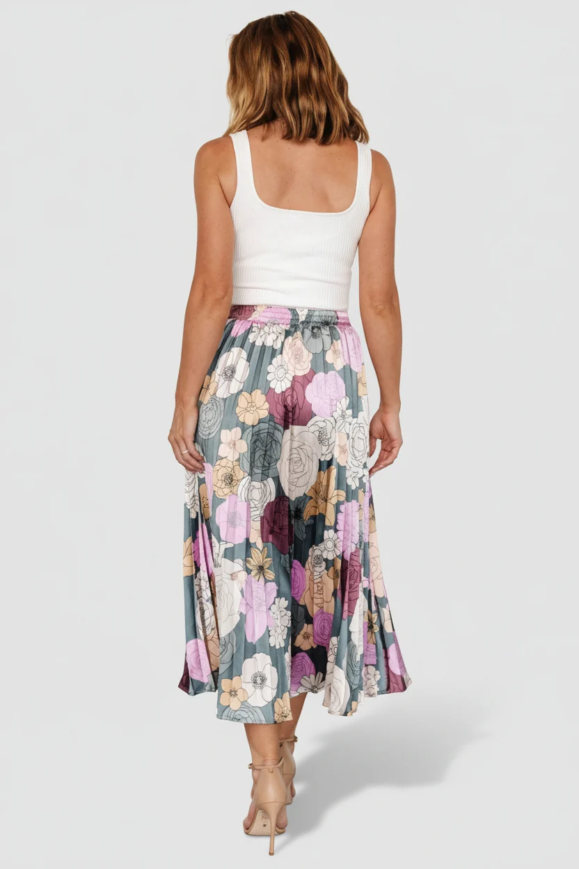 Cori Pleated Skirt - Vintage Teal Satin Midi