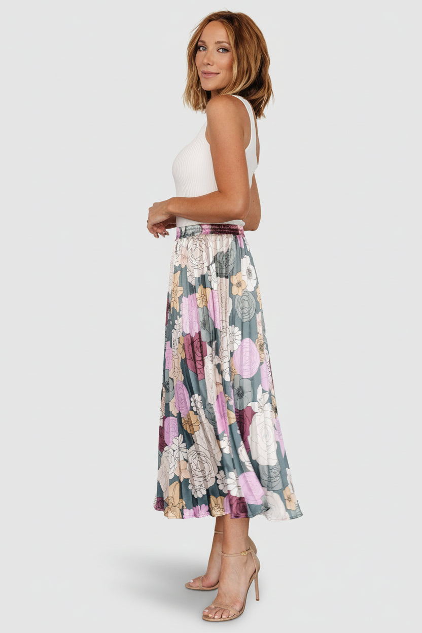Cori Pleated Skirt - Vintage Teal Satin Midi