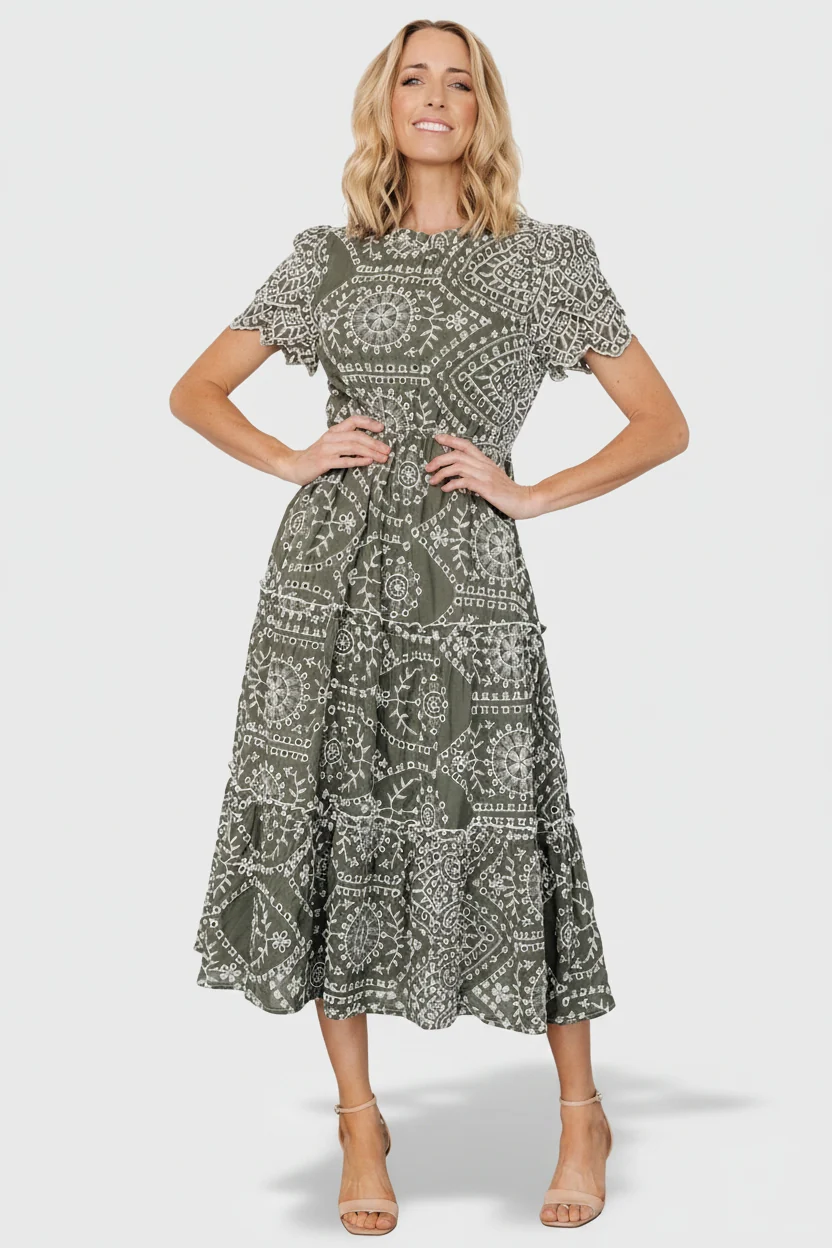 Mirabel Eyelet Midi Dress — Olive & White 17 Mirabel Eyelet Midi Dress — Olive & White