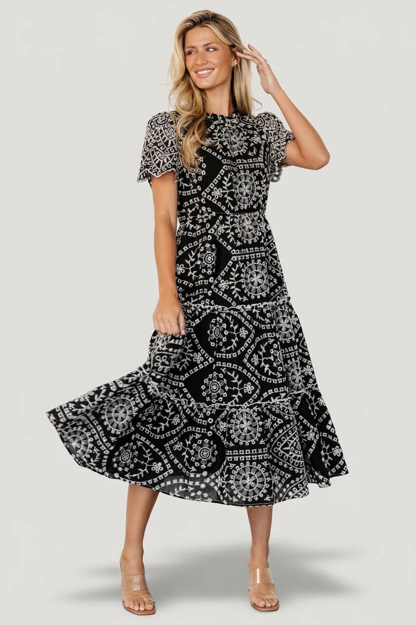 Mirabel Eyelet Midi Dress — Black & White