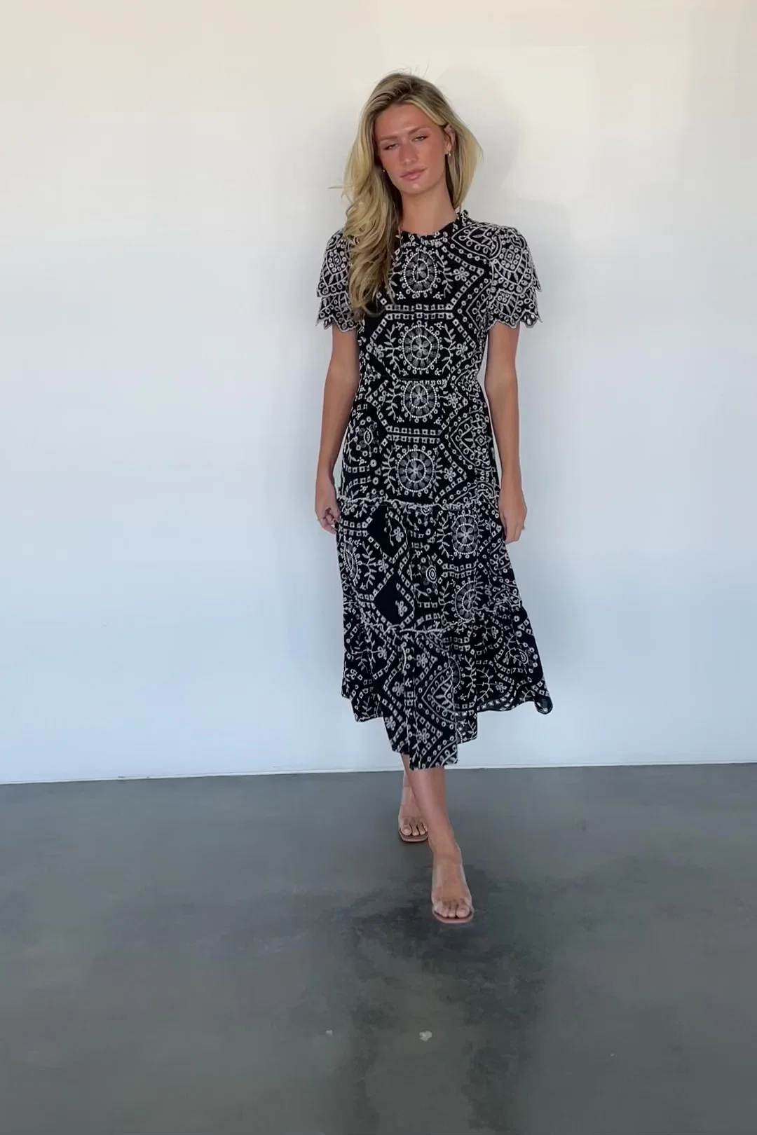Mirabel Eyelet Midi Dress — Black & White