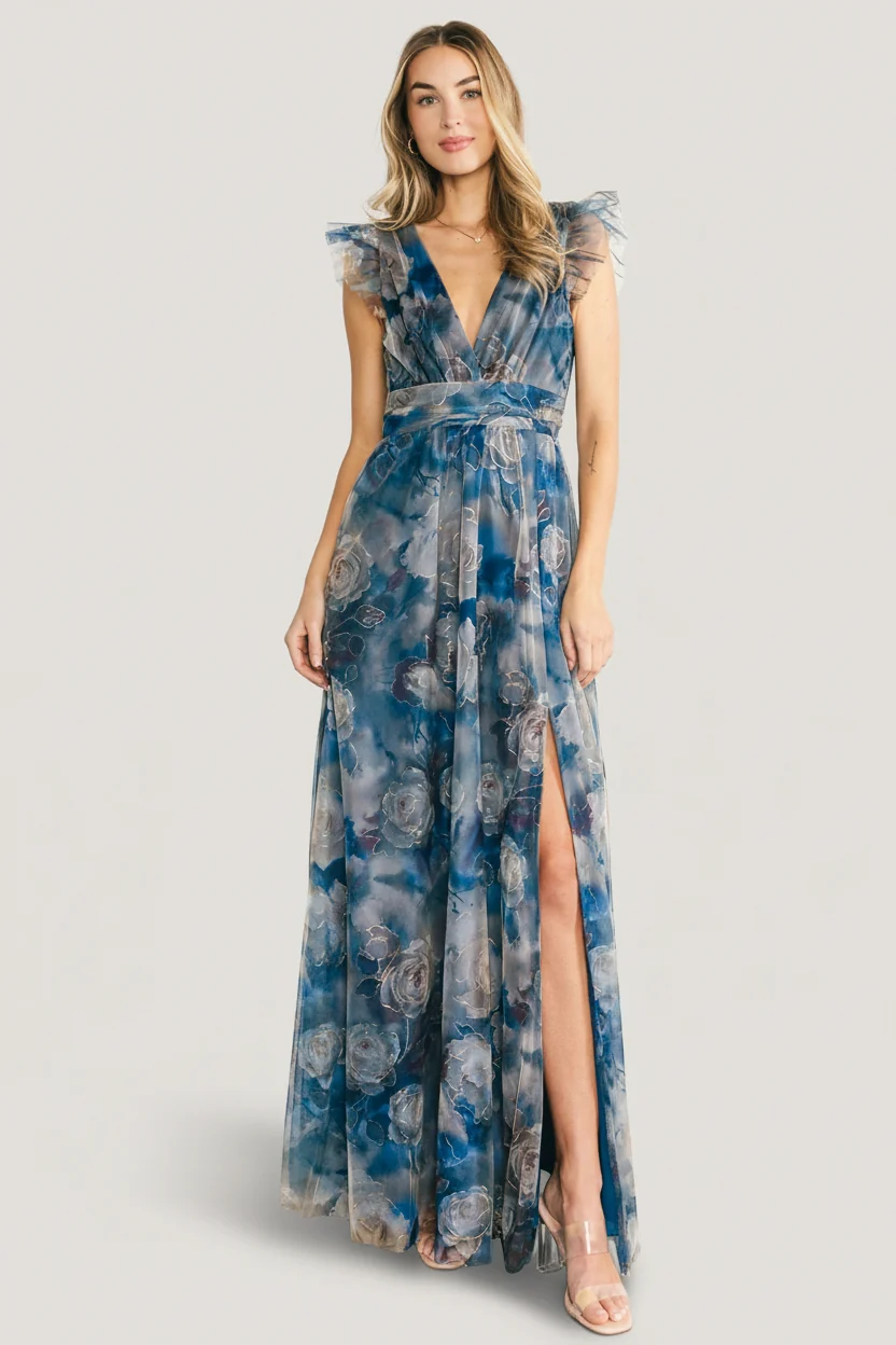 Adelyn Maxi Dress — Blue Floral Tulle Maxi
