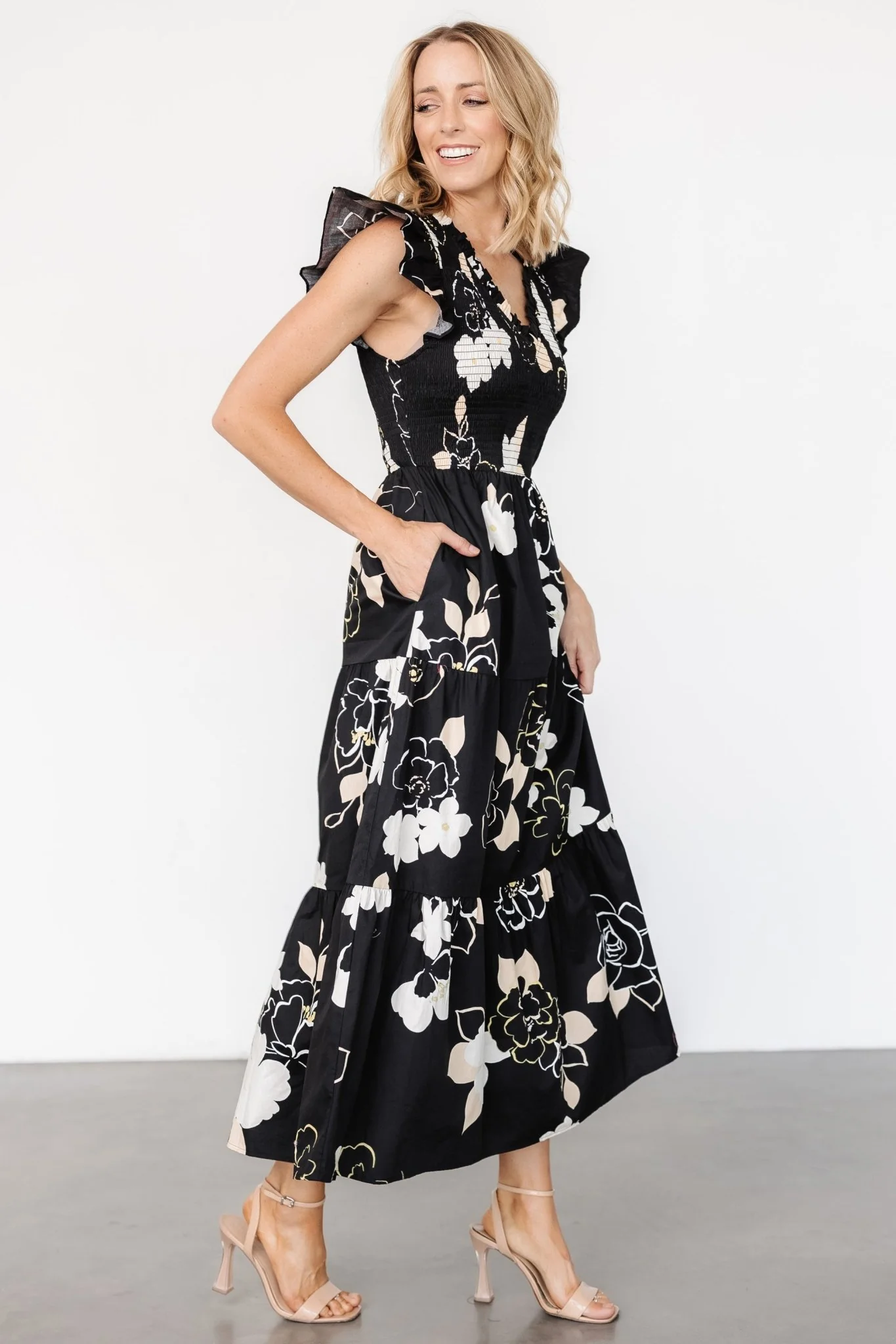 Ranchero Smocked Maxi Dress - Black Floral 4 Ranchero Smocked Maxi Dress - Black Floral
