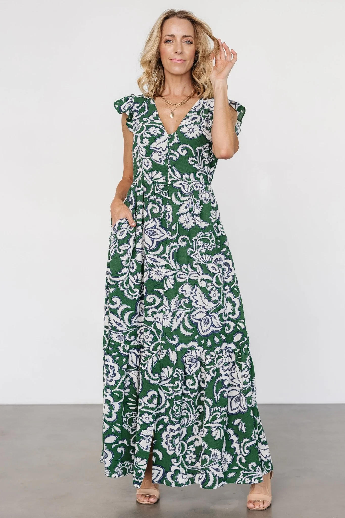 Kaia Button Maxi Dress - Green Botanical Print 1 Kaia Button Maxi Dress - Green Botanical Print