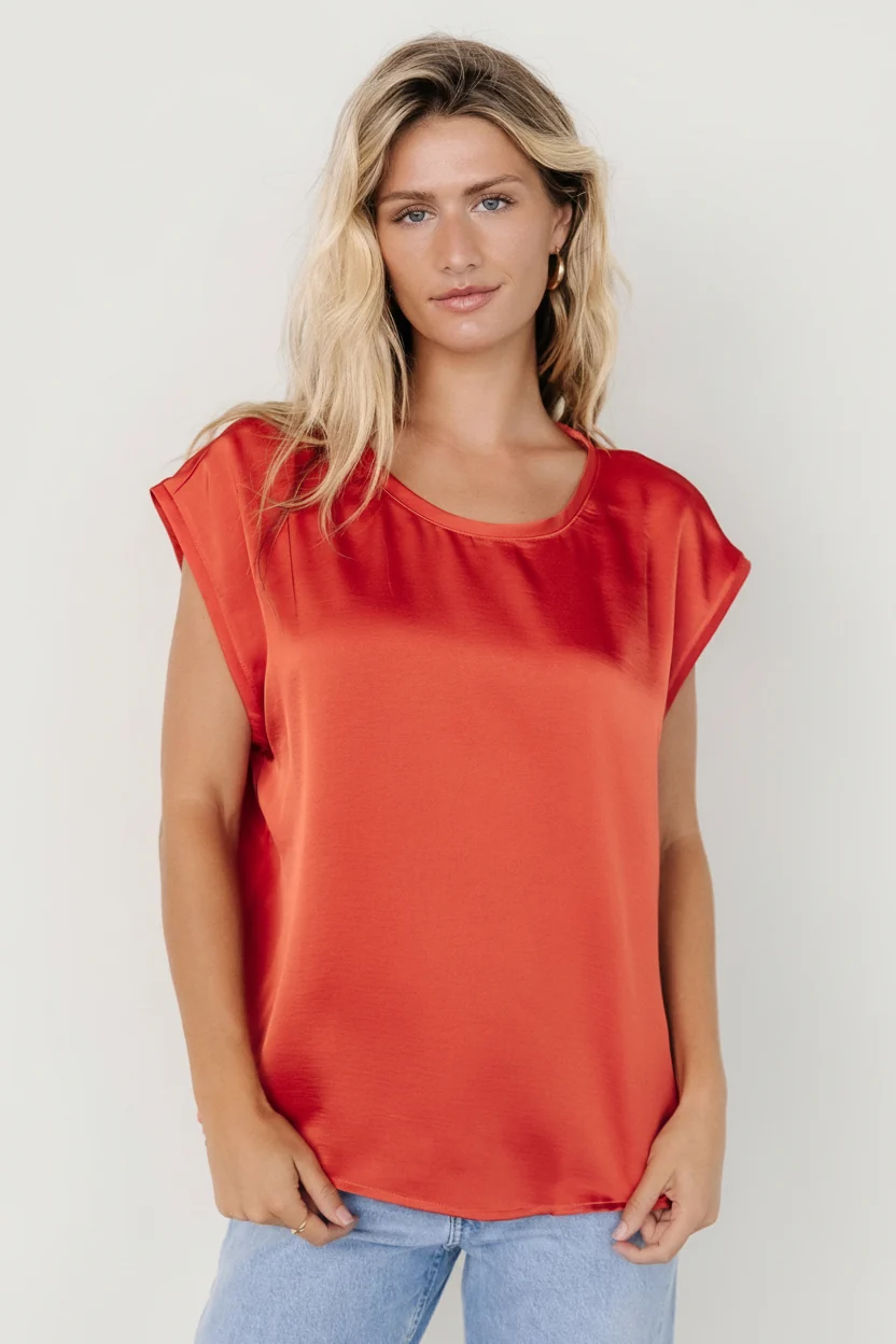 Adina Satin-Effect Oversized Top — Rust