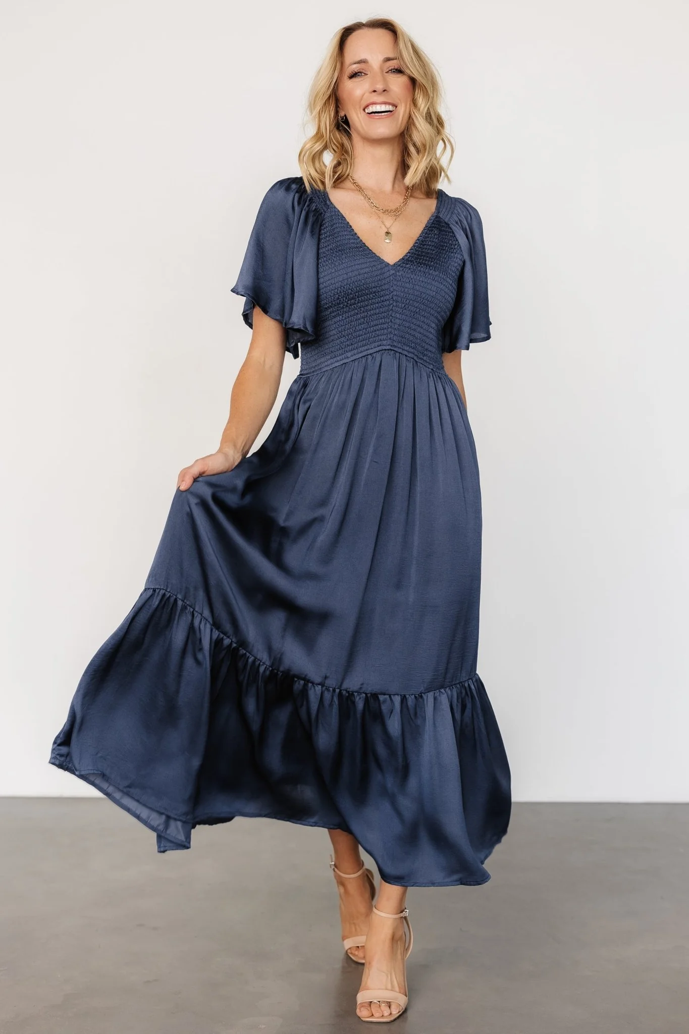 Lovell Smocked Midi Dress in Midnight Blue