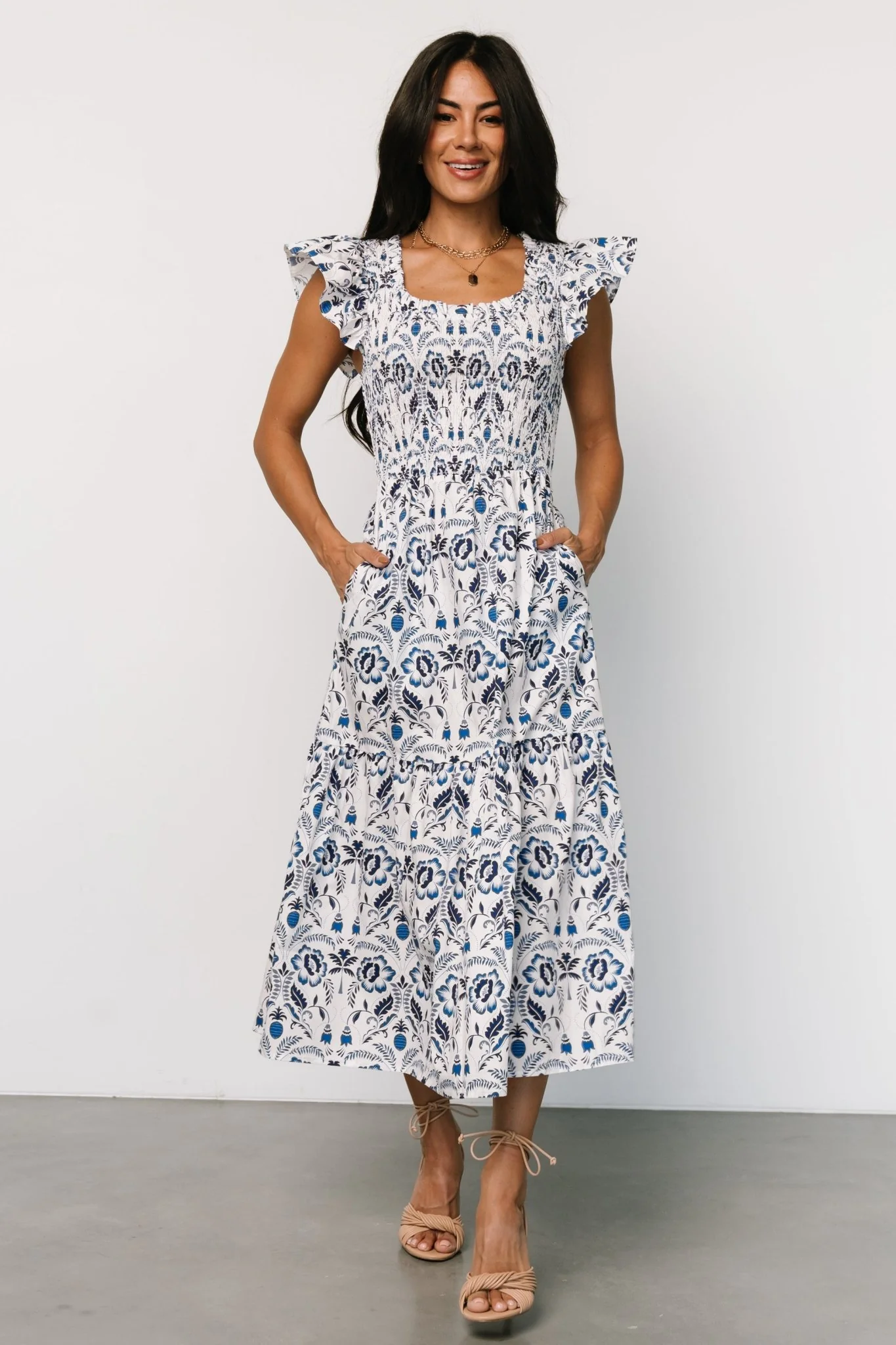 Rhodes Smocked Dress — White & Blue Floral