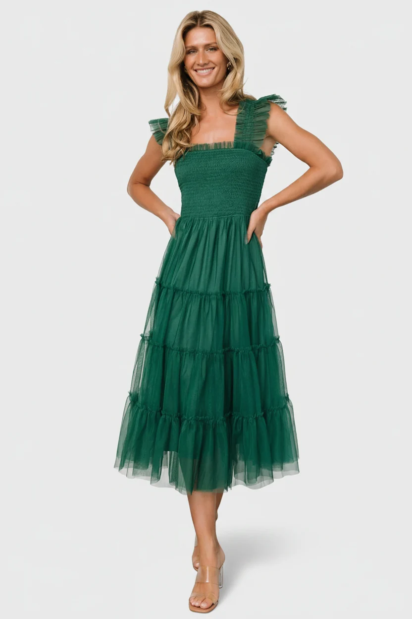 Emma Smocked Tulle Midi Dress — Emerald 14 Emma Smocked Tulle Midi Dress — Emerald