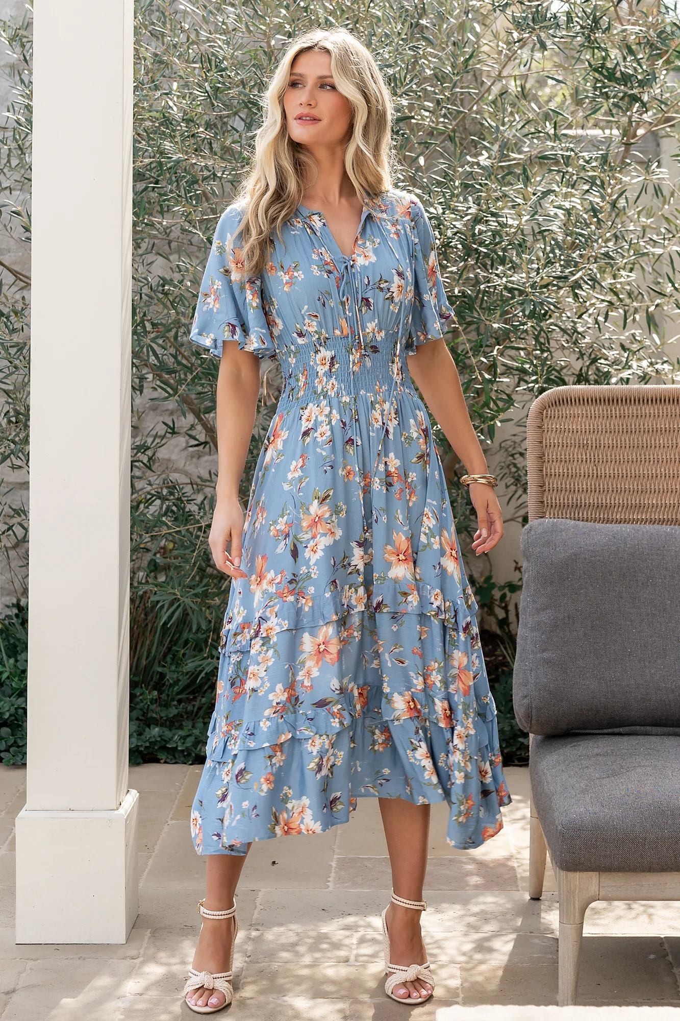 Spell Boho Midi Dress - Blue & Peach Floral