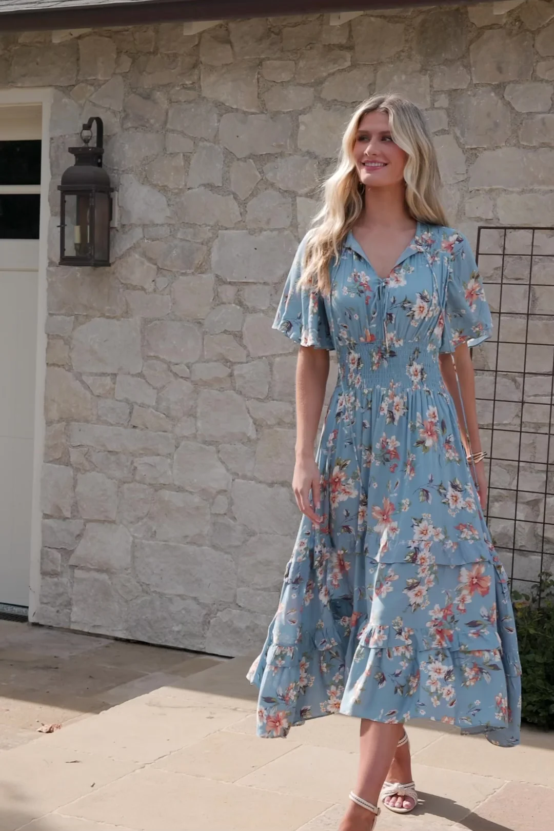 Spell Boho Midi Dress - Blue & Peach Floral