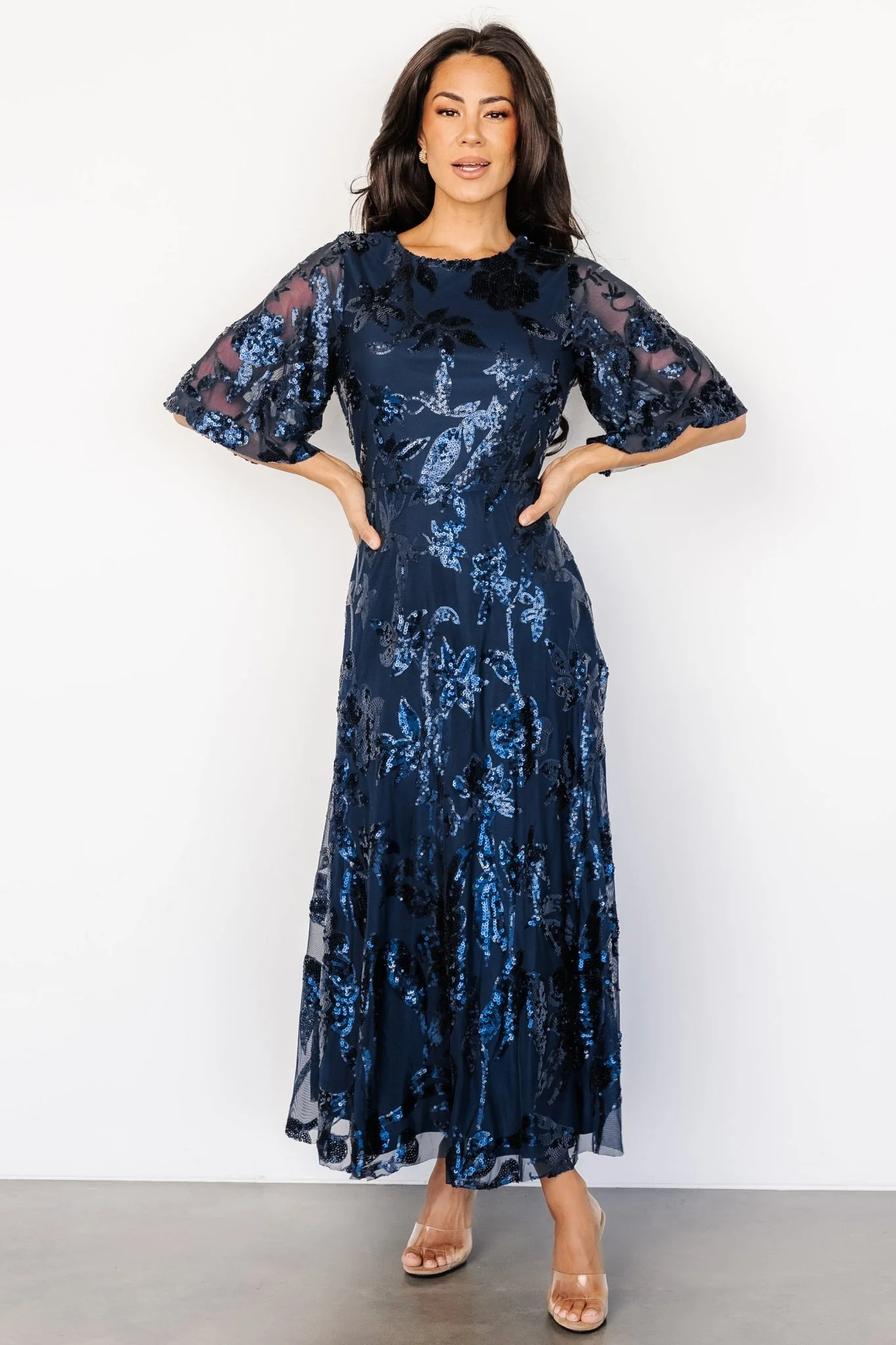 Lucy Sequin Tulle Maxi — Navy Floral Sequins