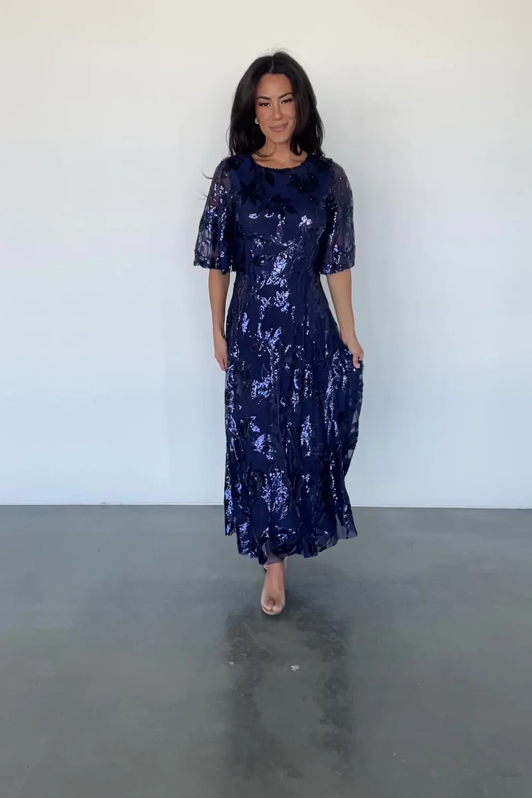 Lucy Sequin Tulle Maxi — Navy Floral Sequins