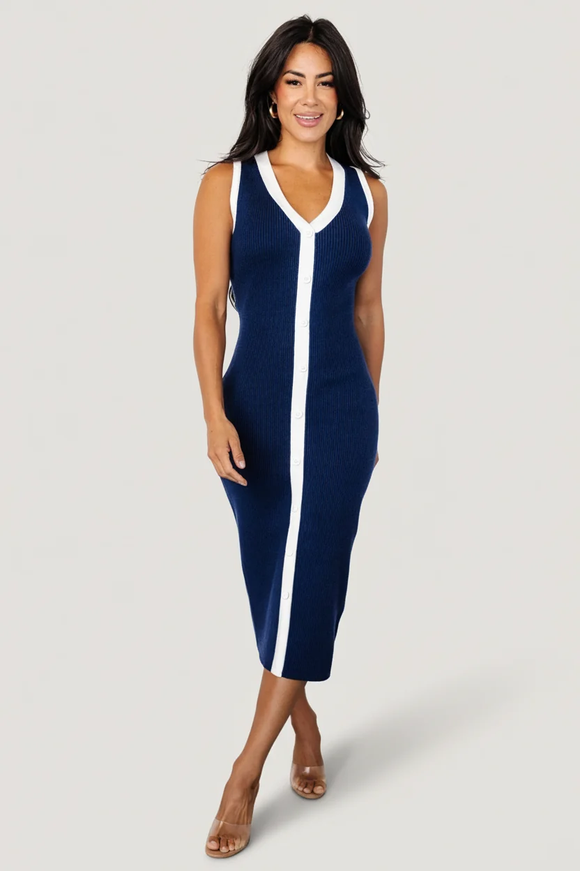 Coley Ribbed Button Dress - Navy & Off-White