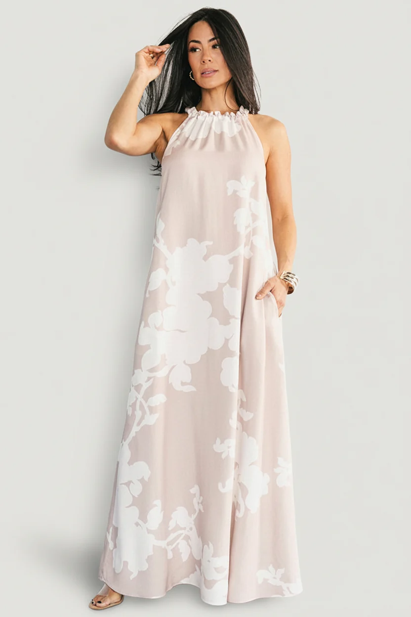 Aurelia Maxi Dress — Natural + White Halter
